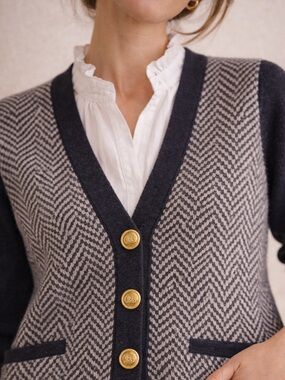 Authentic Celine Vintage Navy Herringbone Cardigan Sweater Heritage Wool
